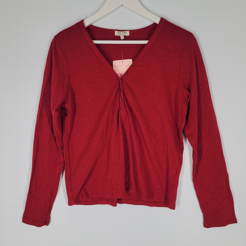 Heart & Hips Henley Top Womens Large Red Long Sleeve Slub Knit V-Neck Button